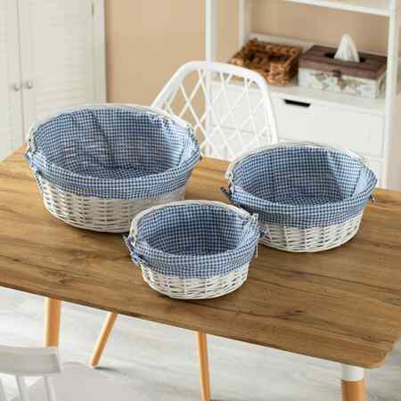 Wickerwise White Round Willow Gift Basket with Blue and White Gingham Liner and Sturdy Foldable Handles, 3 Set QI004620.BL.3